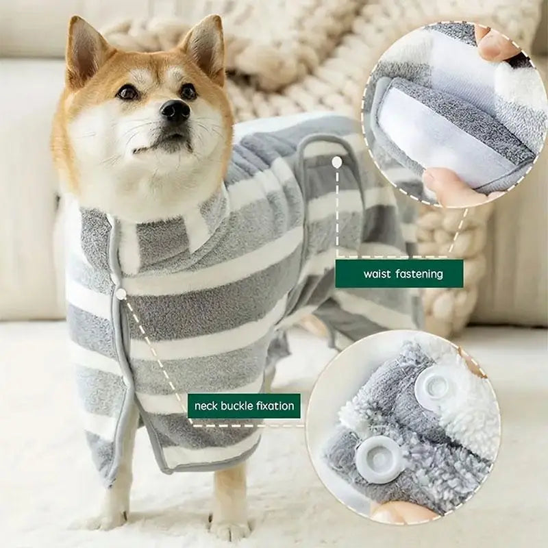 Striped Pet Bath Towel with Neck Buckle, Quick-Drying Grooming Accessory for Dogs and Cats
