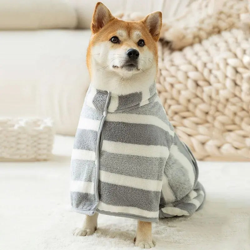 Striped Pet Bath Towel with Neck Buckle, Quick-Drying Grooming Accessory for Dogs and Cats