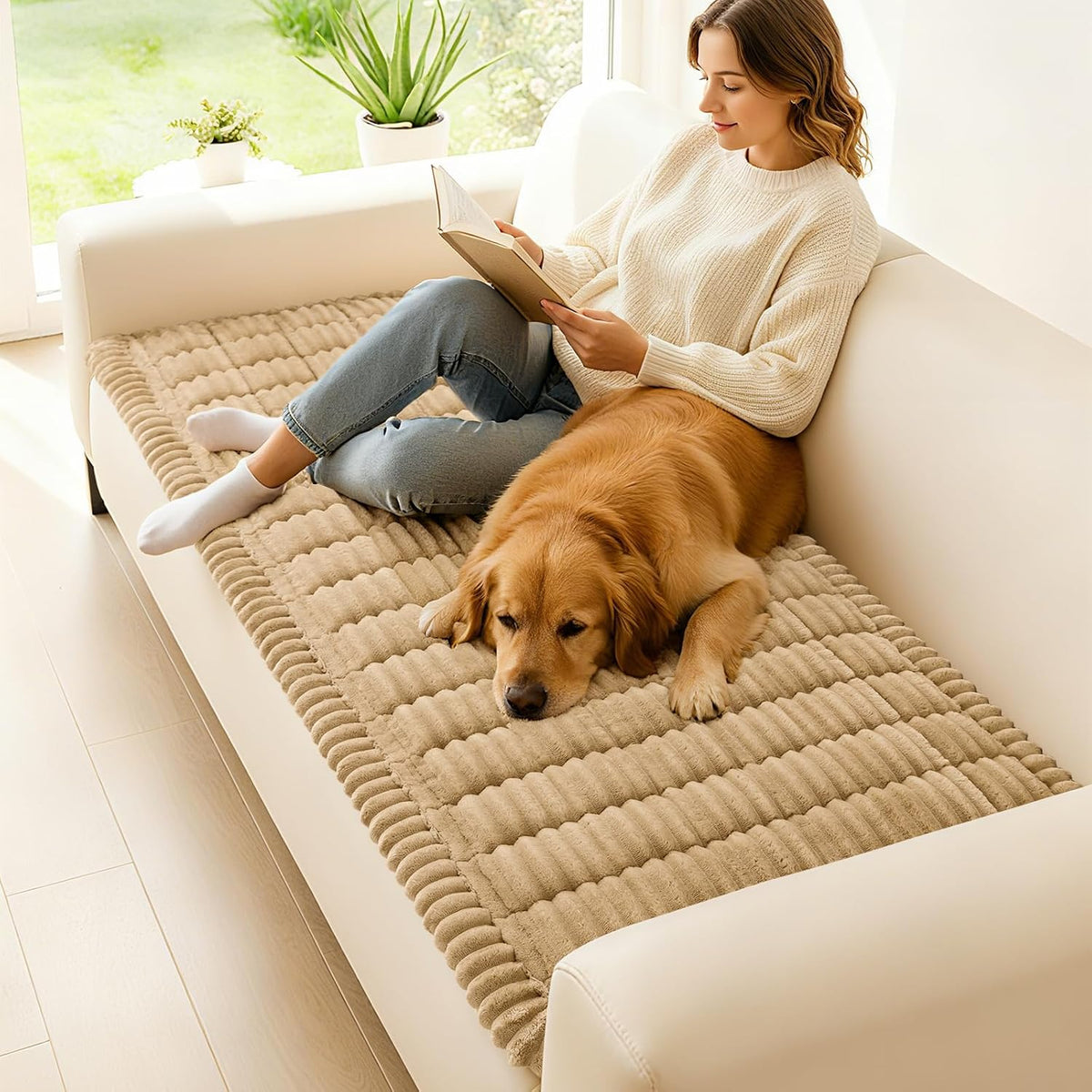 Premium Washable Non-Slip Plush Flannel Sofa Protector for Pets