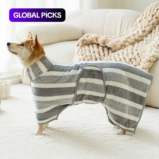 Striped Pet Bath Towel with Neck Buckle, Quick-Drying Grooming Accessory for Dogs and Cats
