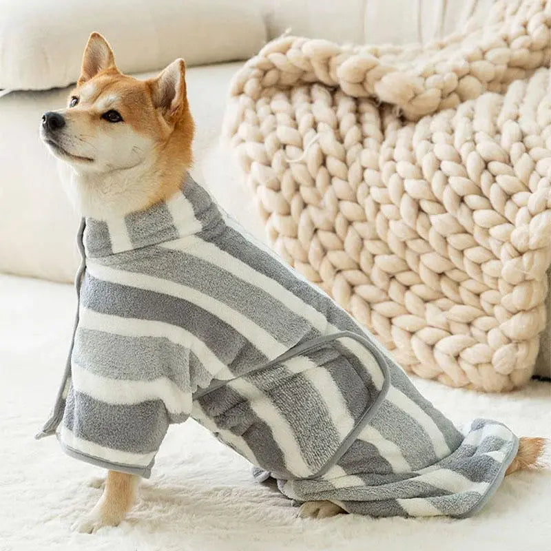 Striped Pet Bath Towel with Neck Buckle, Quick-Drying Grooming Accessory for Dogs and Cats