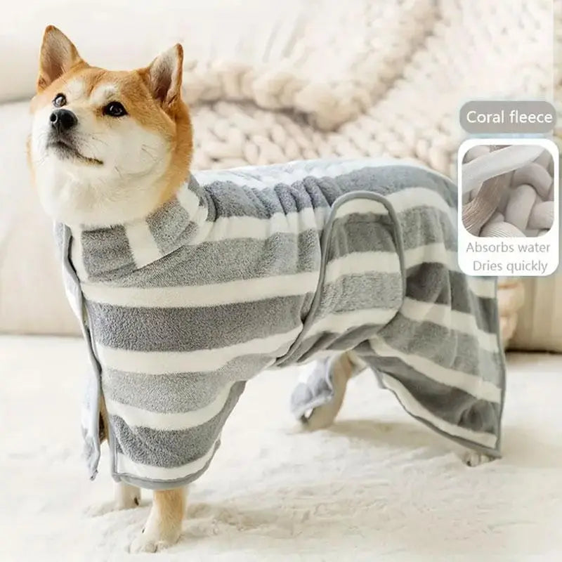 Striped Pet Bath Towel with Neck Buckle, Quick-Drying Grooming Accessory for Dogs and Cats