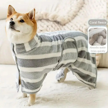 Striped Pet Bath Towel with Neck Buckle, Quick-Drying Grooming Accessory for Dogs and Cats