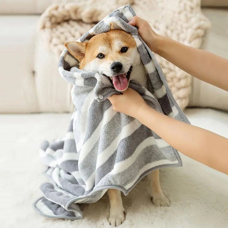 Striped Pet Bath Towel with Neck Buckle, Quick-Drying Grooming Accessory for Dogs and Cats